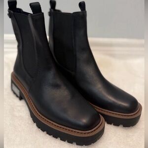 Sam Edelman Black Leather Chelsea Lug Boots with Brown Welt